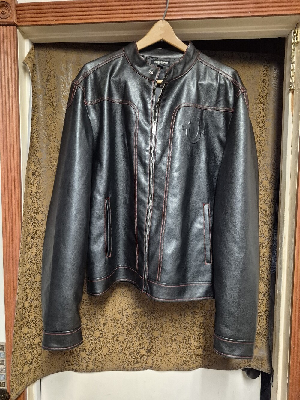 True Religion Black Leather Bomber Jacket with Red Stitching